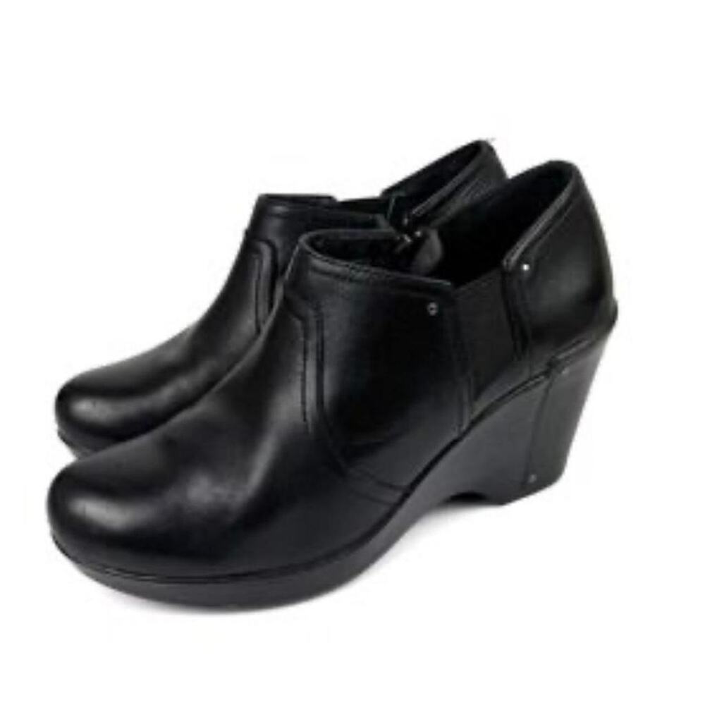 Dansko Florence Black Leather Wedge Ankle Booties Side Zip Comfort Heels